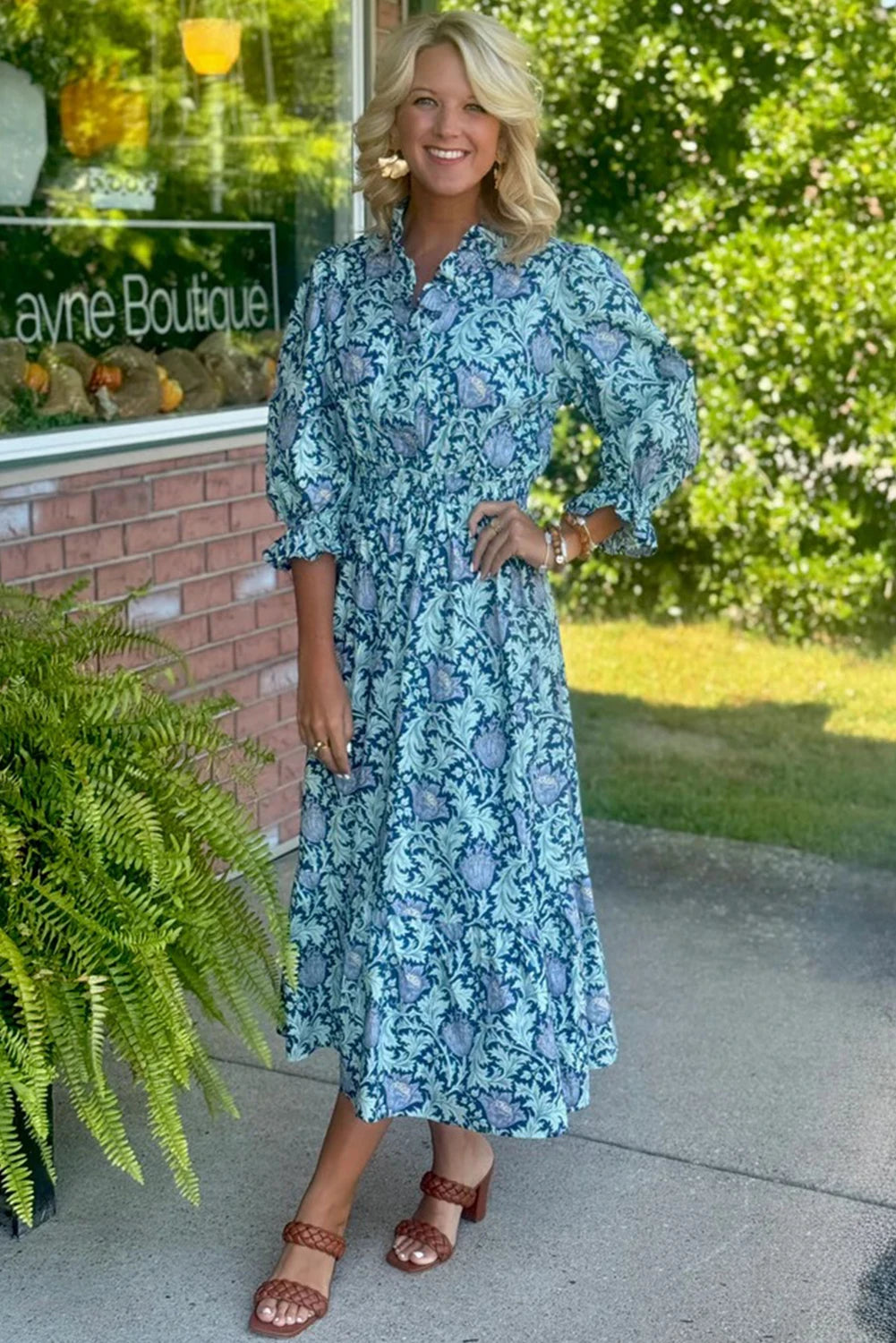 Sky Blue Floral Printed Frilled V Neck Bracelet Sleeve Long Dress