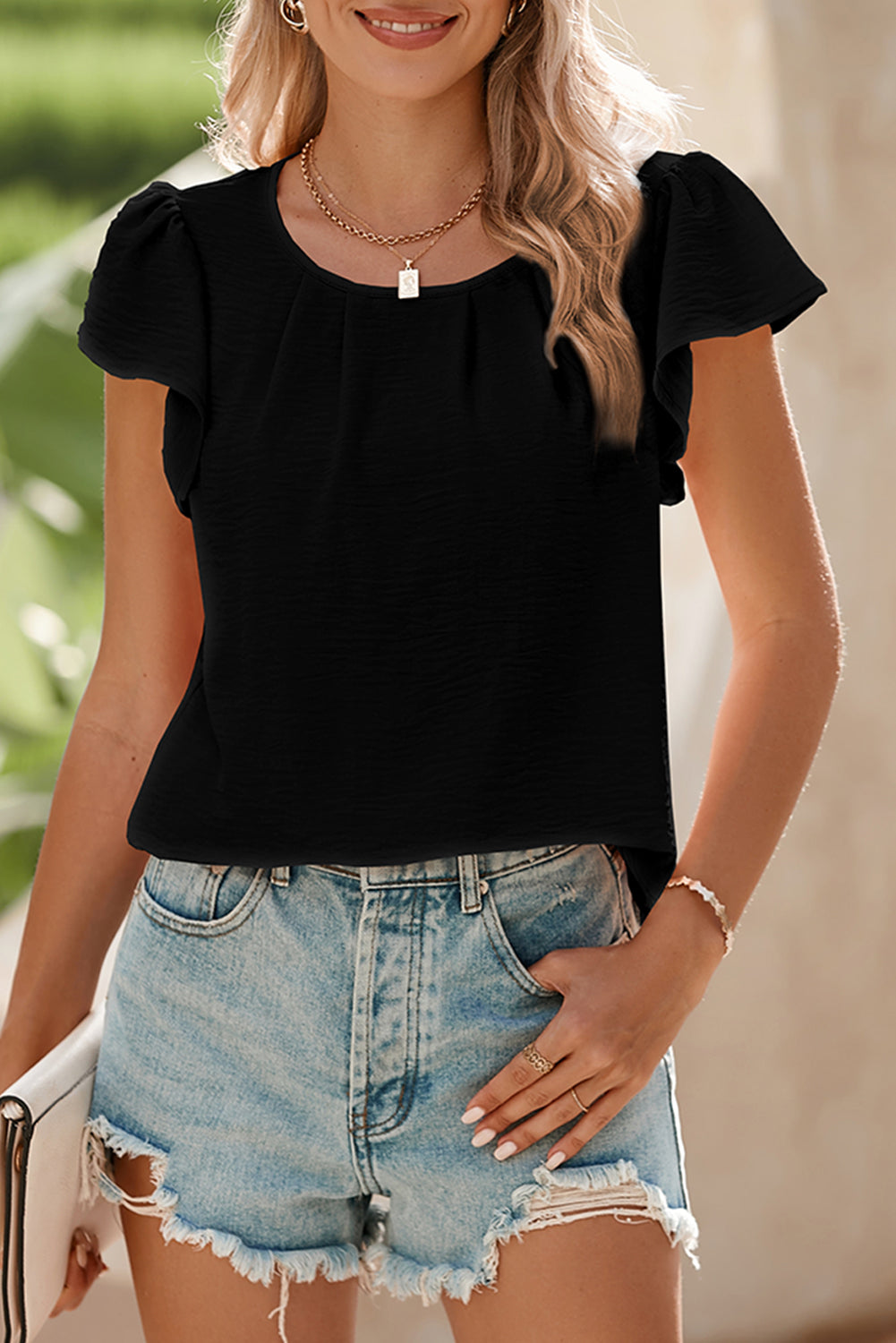 Flounce Sleeve Pleated Textured Blouse