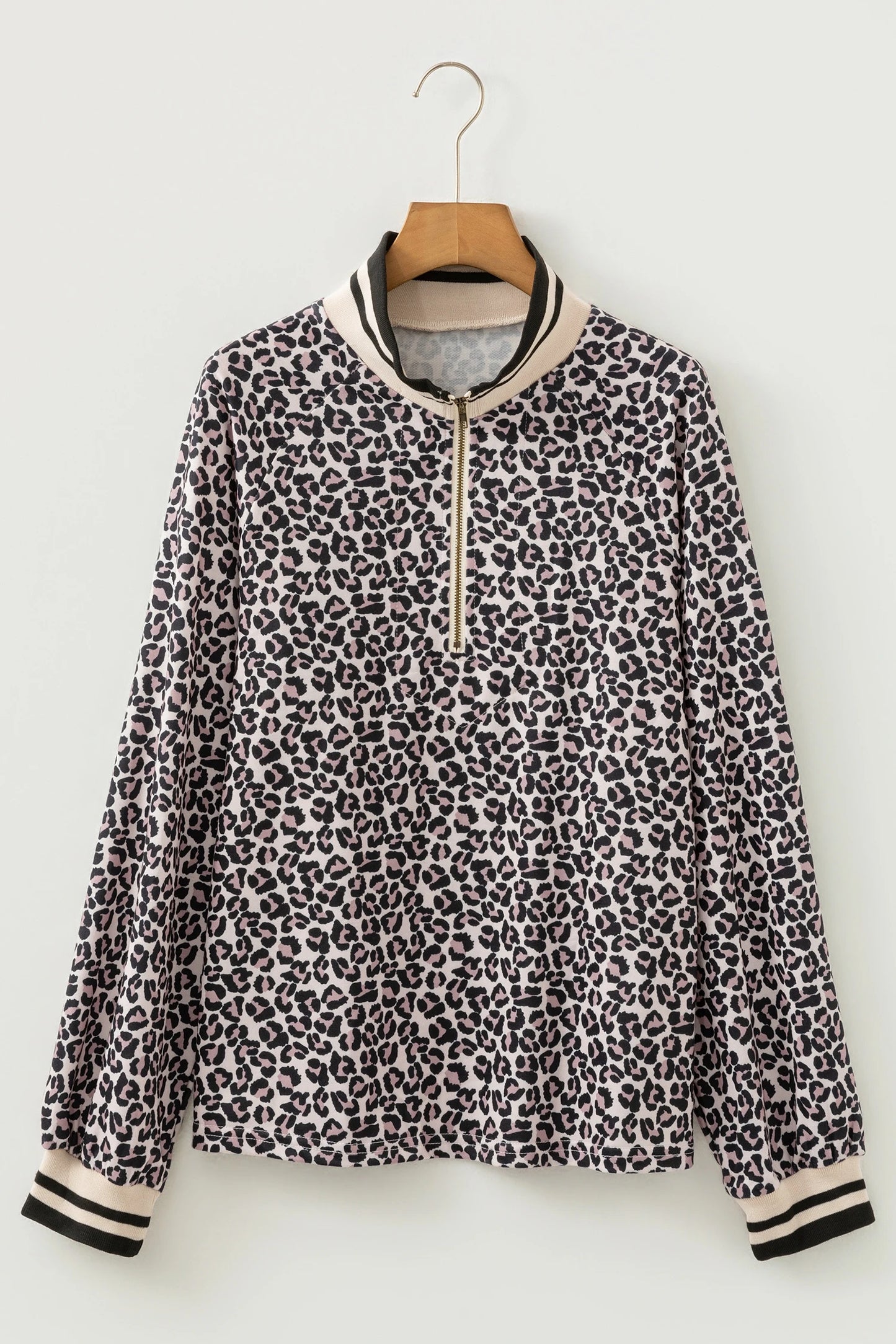 Khaki Leopard Print Half Zip up Blouse