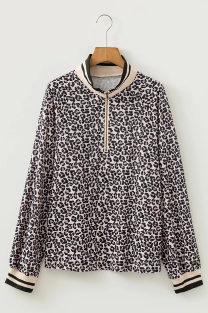 Khaki Leopard Print Half Zip up Blouse