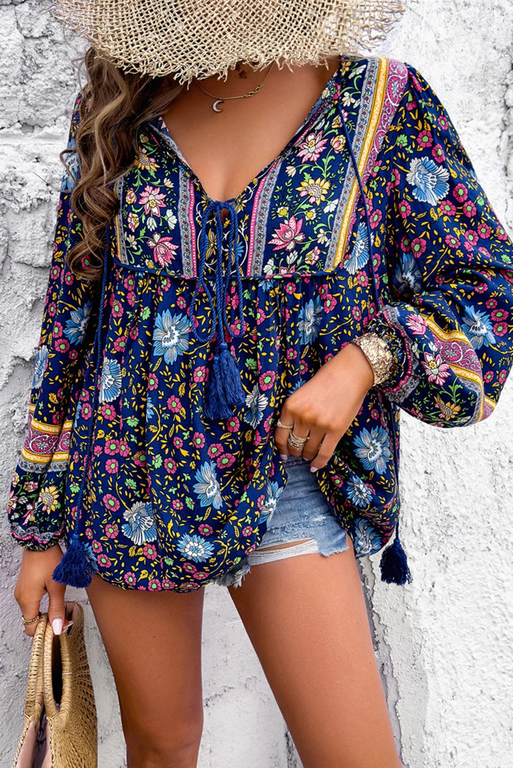 Bohemian Floral Print Tassel Tie Front Long Sleeve Blouse