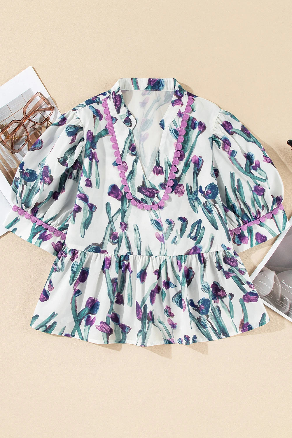 Purple Floral Ricrac Trim Half Sleeve Peplum Top