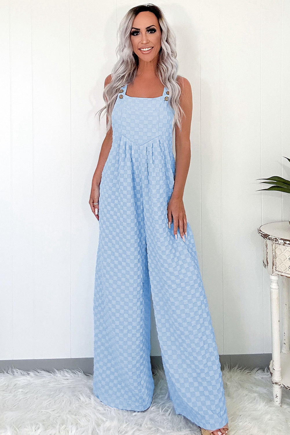Checkered Pocketed High Waist Wide Leg Overall