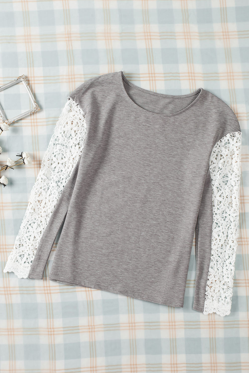 Gray Lace Splicing Long Sleeve Top