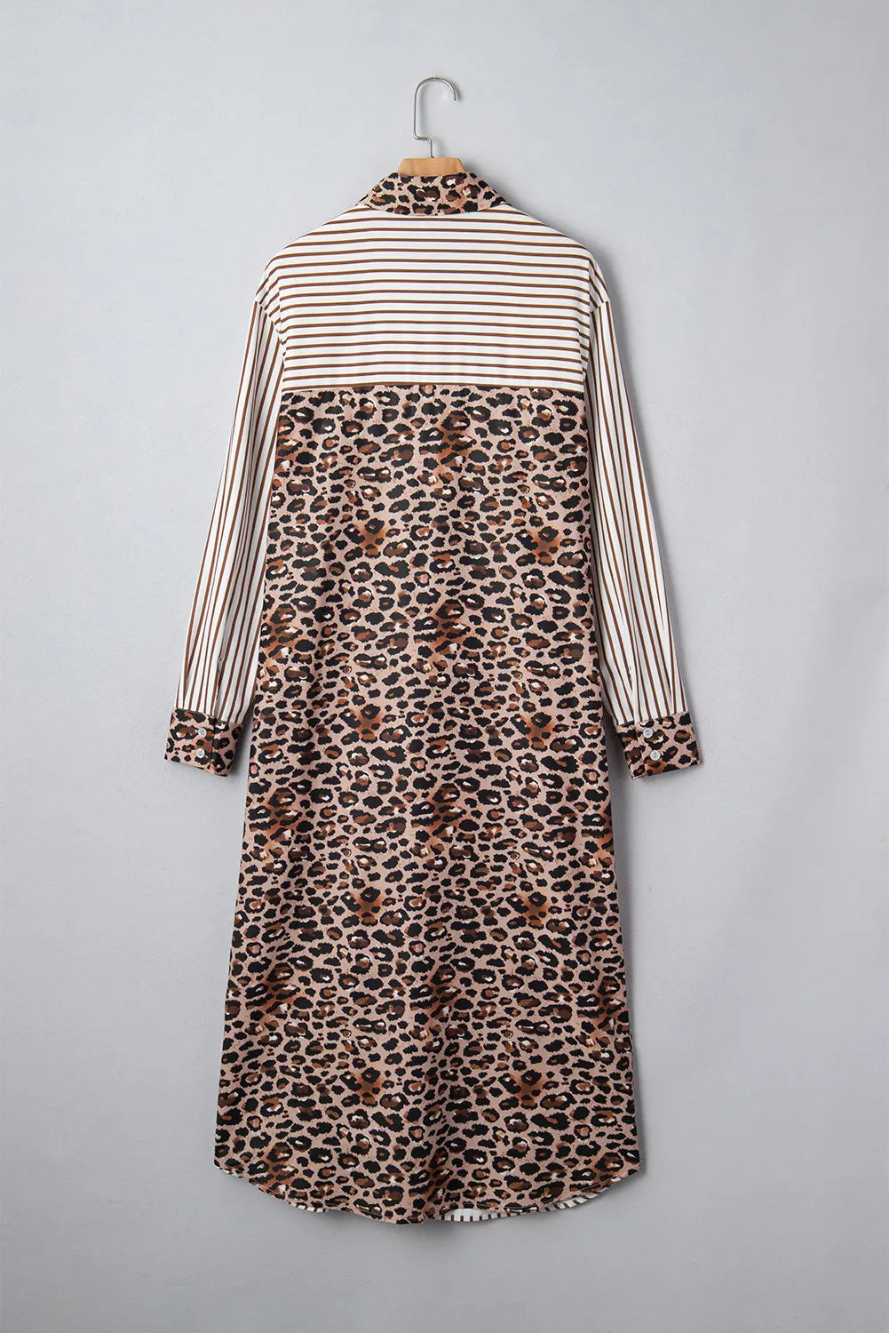 Brown Stripe Contrast Leopard Patchwork Long Shirt Dress with Slits