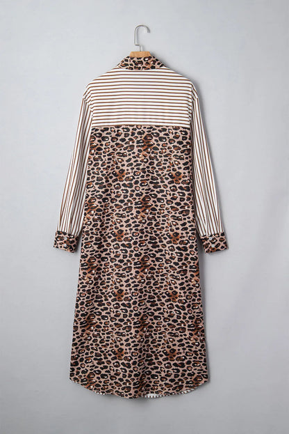 Brown Stripe Contrast Leopard Patchwork Long Shirt Dress with Slits