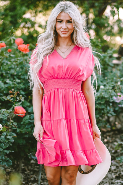 Strawberry Pink Ruched Sleeve V Neck Smock Waist Tiered Ruffled Dress