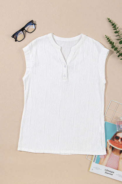 Wavy Textured Button V Neck Tee
