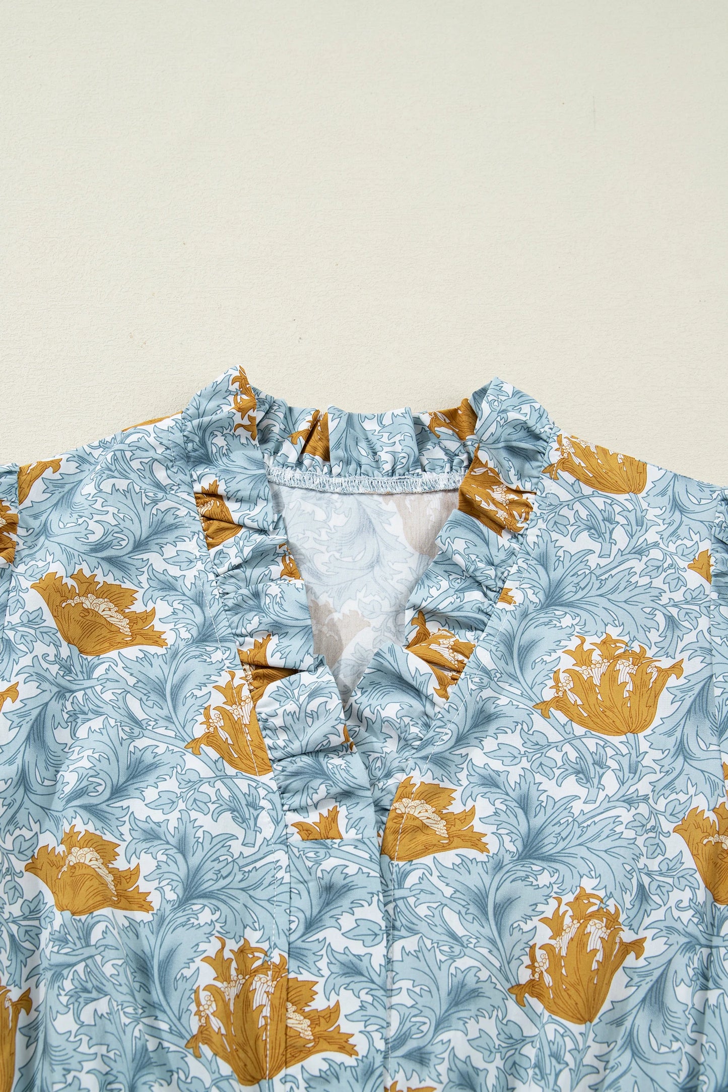 Brown Floral Printed Frilled V Neck Bracelet Sleeve Long Dress