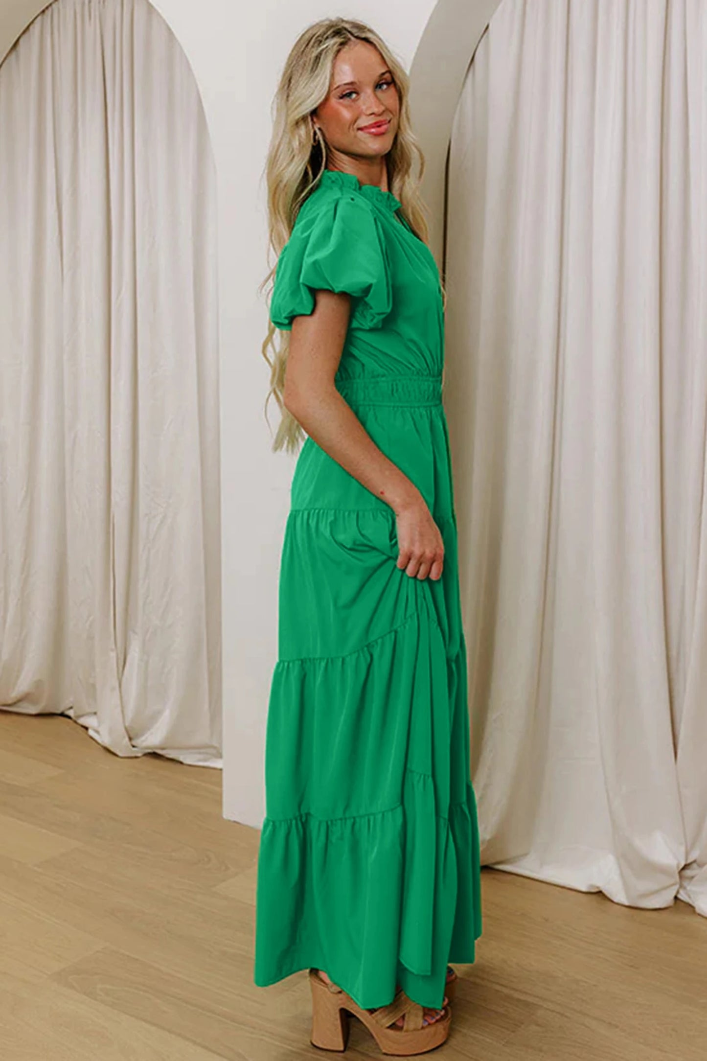 Solid Color V Neck Short Puff Sleeve High Waist Tiered Maxi Dress