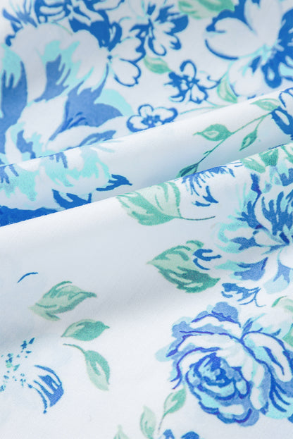 Sky Blue Floral Print Ruffle Sleeve Frilly Button Up Shirt