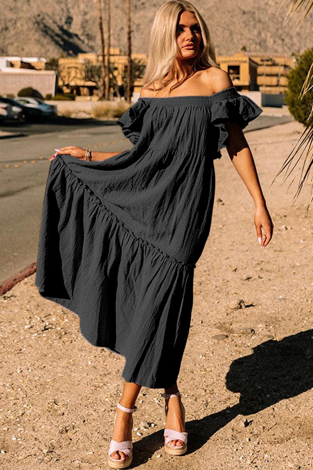 Ruffled Flutter Sleeve Square Neck Textured Tiered Maxi Dress