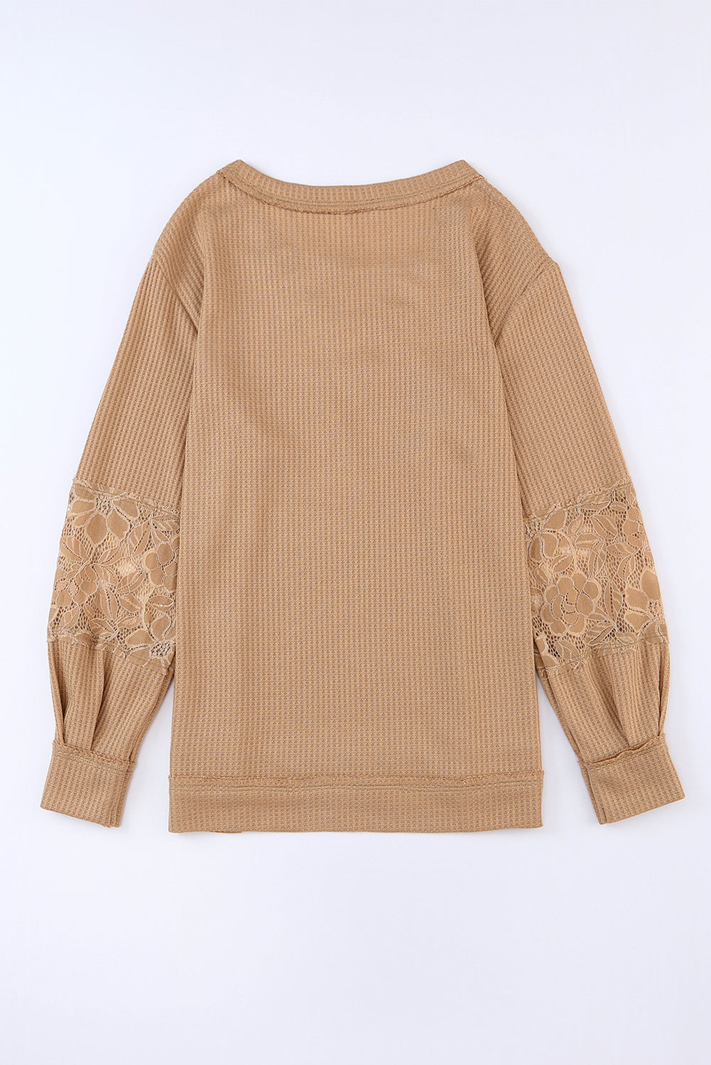 Apricot Lace Waffle Patchwork Strappy V Neck Long Sleeve Top
