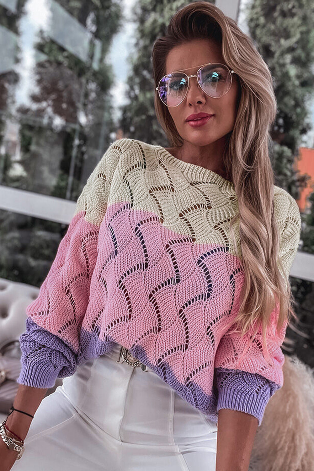 Pink Color Block Hollow Knitted Loose Sweater