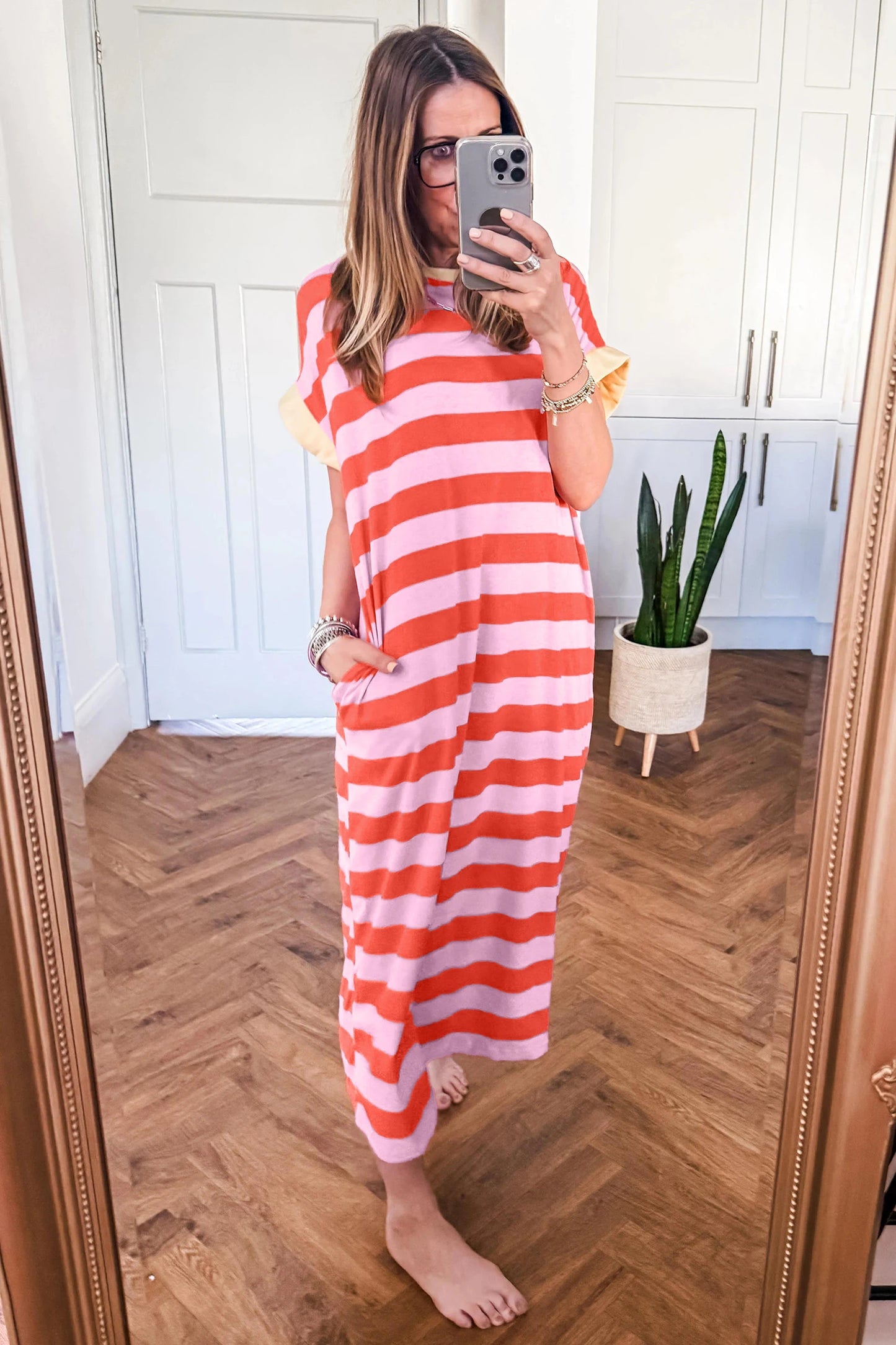 Orange Stripe Cuffed Short Sleeve Pocketed Casual T Shirt Long Dress