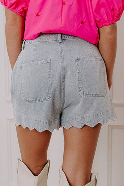 Scalloped Hemline Acid Wash High Waist Denim Shorts