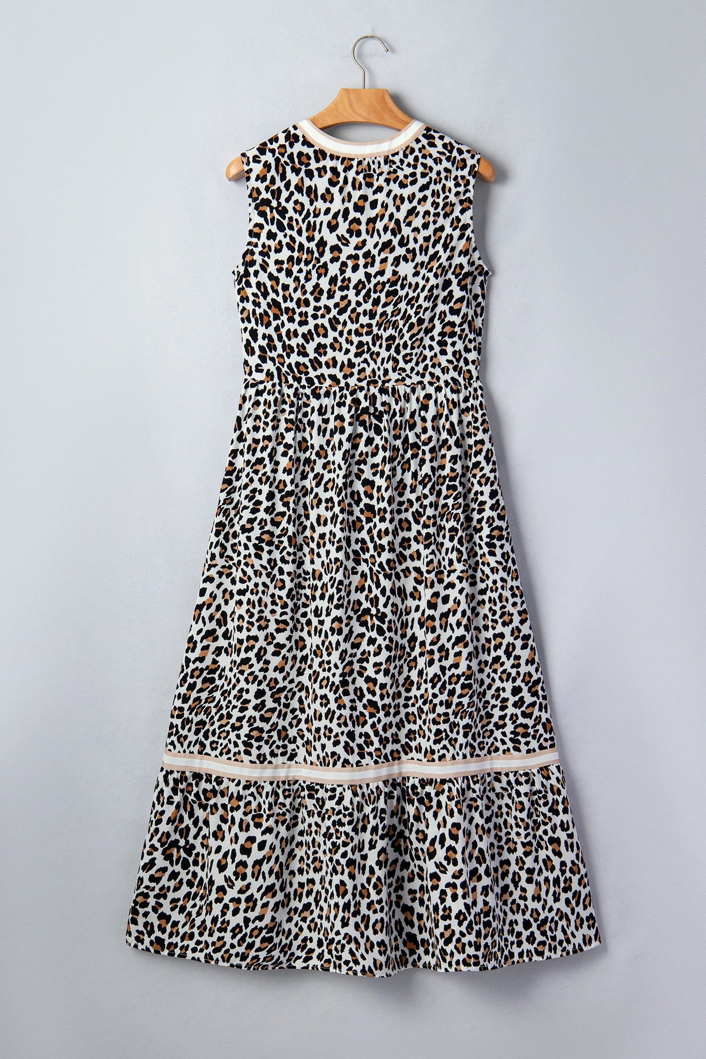 White Leopard Print Colorblock Trim Sleeveless Midi Dress