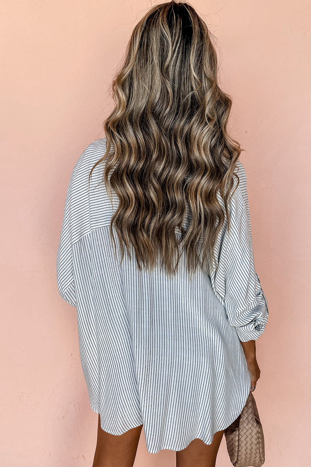 Stripe Roll-tab Sleeve Pocketed Long Shirt
