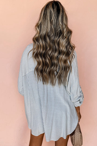 Stripe Roll-tab Sleeve Pocketed Long Shirt