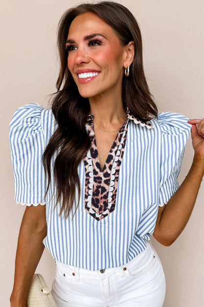 Stripe Ricrac Trim Short Puff Sleeve Leopard Patchwork Collar V Neck Blouse