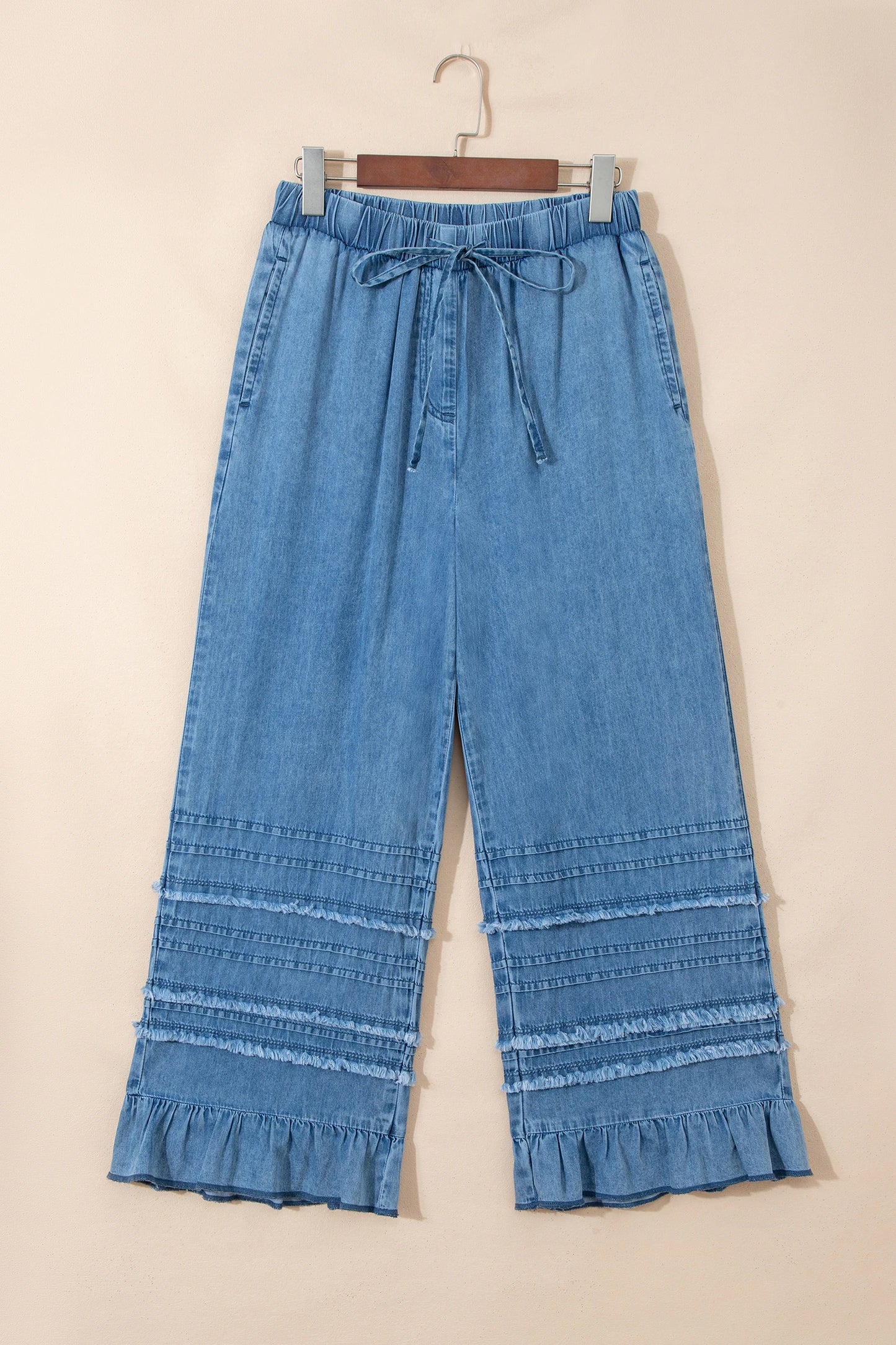 Dusk Blue Ruffled Hem Wide Leg Chambray Pants