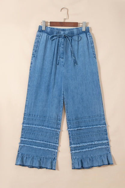 Dusk Blue Ruffled Hem Wide Leg Chambray Pants