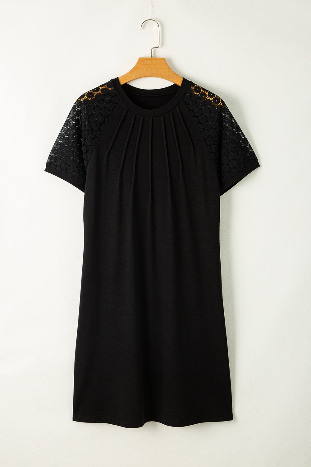 Contrast Lace Raglan Sleeve Pleated Detail Shift Dress