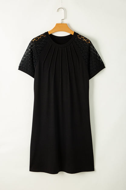 Contrast Lace Raglan Sleeve Pleated Detail Shift Dress