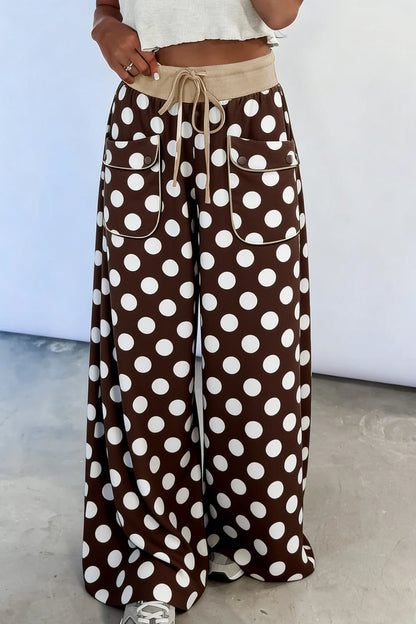 Brown Polka Dot Drawstring Pocket Wide Leg Pants