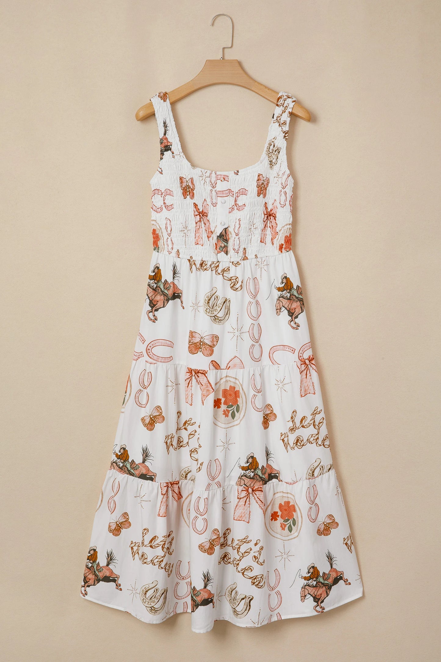 White Western Horseshoe Print U-Neck Sleeveless Midi Dress