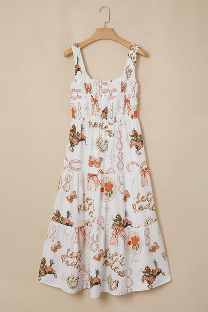White Western Horseshoe Print U-Neck Sleeveless Midi Dress