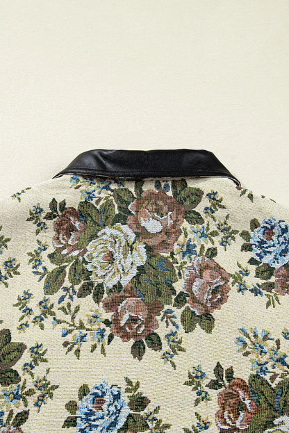Khaki Floral Print Zip Up Contrast Collared Jacket