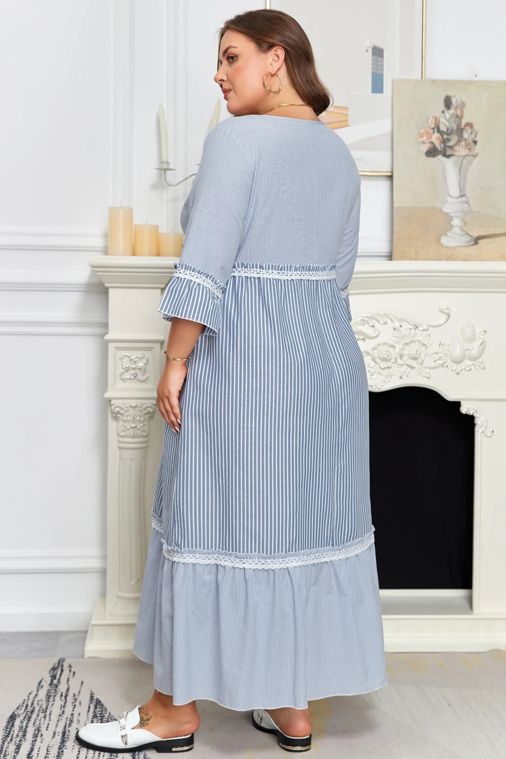 Sky Blue Stripe Crisscross Lace Detail Mixed Striped Patchwork Plus Size Shift Long Dress