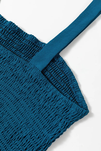 Blue Casual Pocketed Smocked Sleeveless Romper