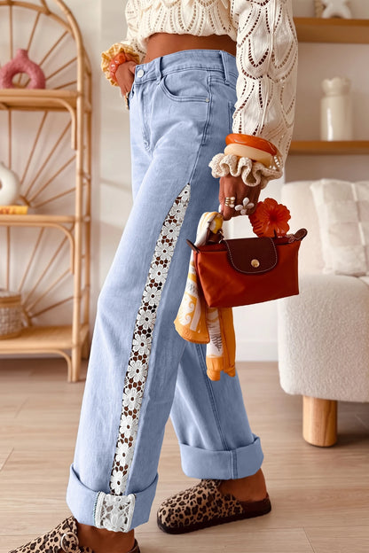 Beau Blue Hollowed Lace Patchwork Full-Length Jeans