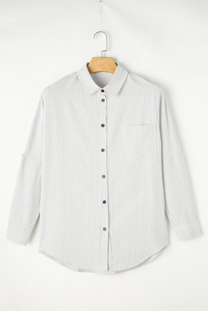 Stripe Roll-tab Sleeve Pocketed Long Shirt