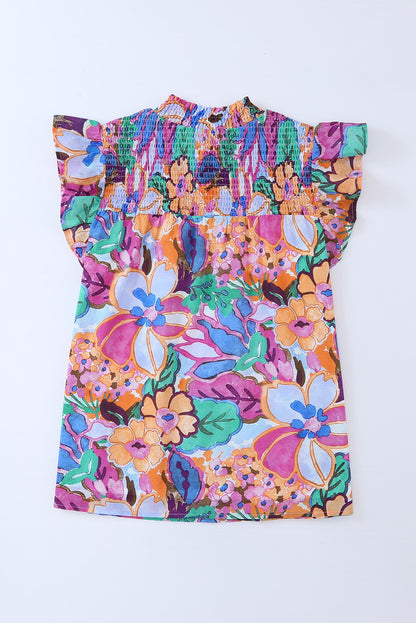 Multicolor Floral Print Flutter Sleeves Smocked Neck Blouse