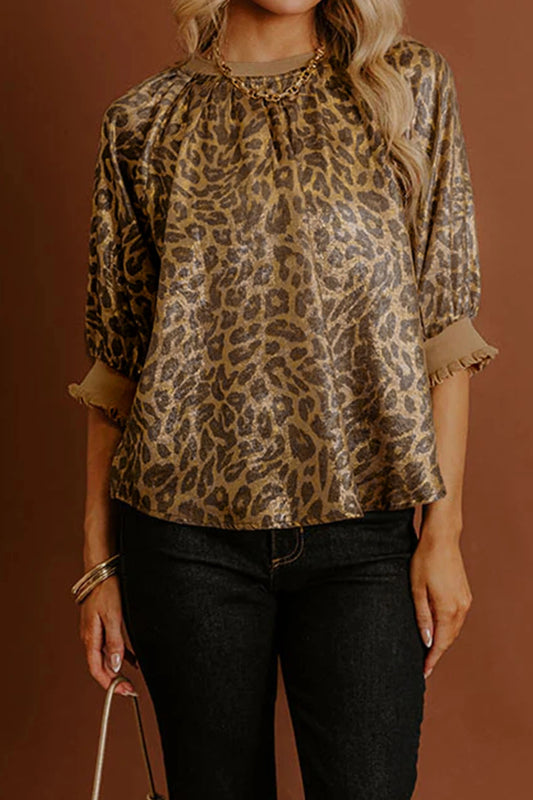 Gold Half Sleeve Metallic Leopard Print Blouse