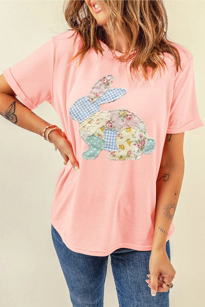 Pink Vibrant Easter Bunny Patchwork Printed T Shirt