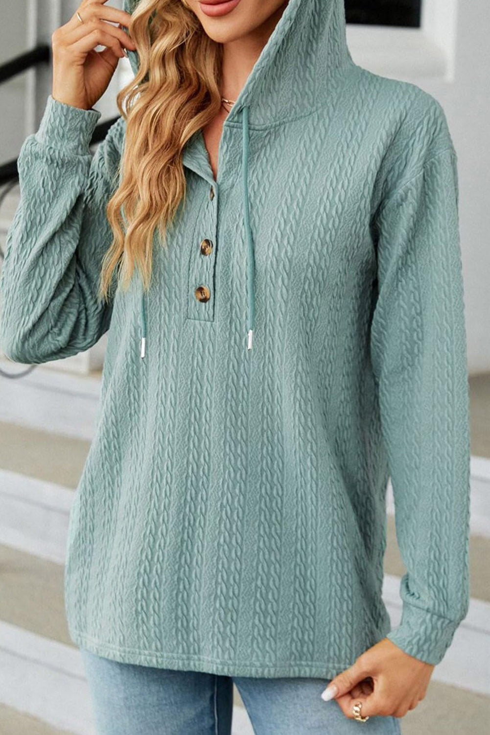 Mint Green Button Front Textured Drawstring Hooded Long Sleeve Top ...