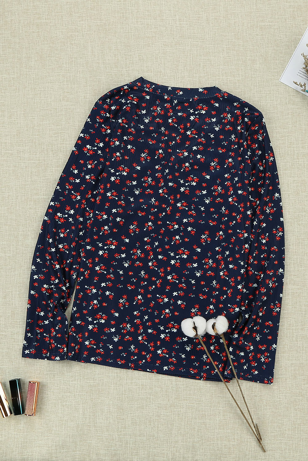 Navy Button V Neck Long Sleeve Floral Top