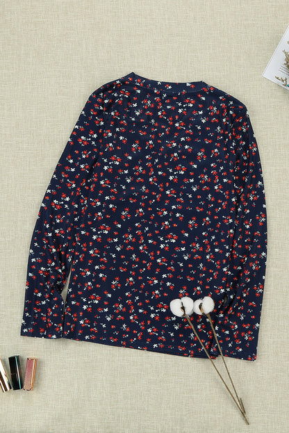 Navy Button V Neck Long Sleeve Floral Top