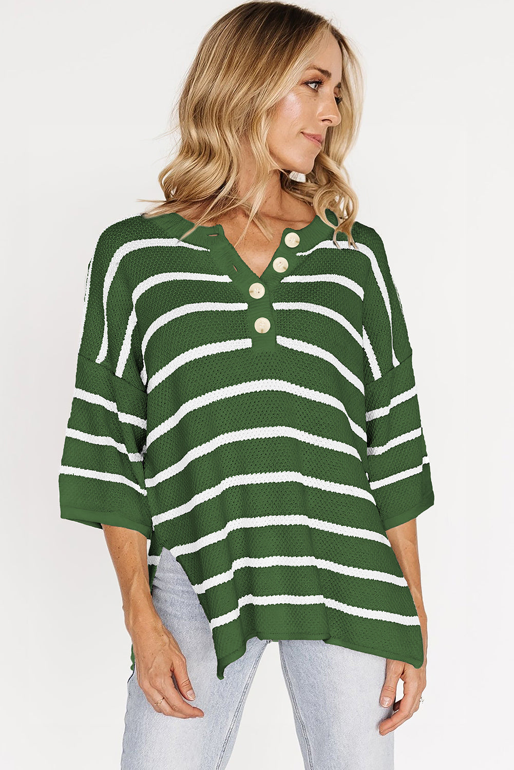 Stripe Henley Buttoned Placket Drop Shoulder Bracelet Sleeve Knit Sweater Tee
