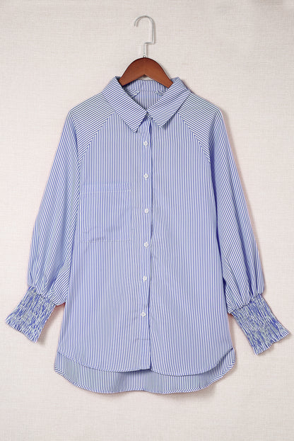 Stripe Smocked Cuffed Striped Boyfriend Shirt with Pocket