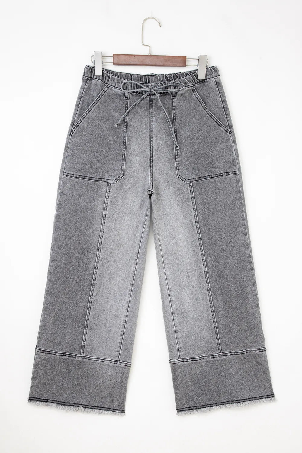 Gray Drawstring Seam Detail Raw Hem Wide Leg Denim Pants