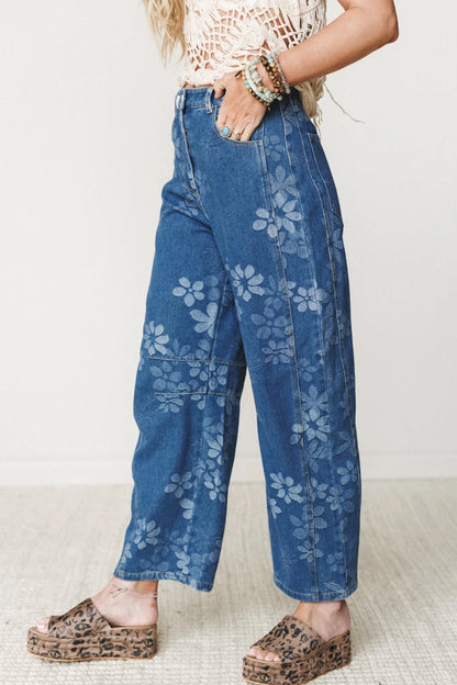 Blue Floral Print Ankle Length Casual Pocket Jeans