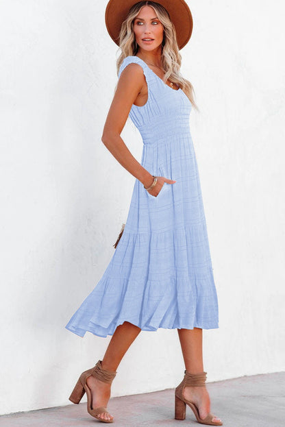 Shirred Pleated Square Neck Sleeveless Midi Dress