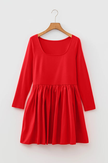 Fiery Red U Neck Long Sleeve Fit and Flare Short Dress