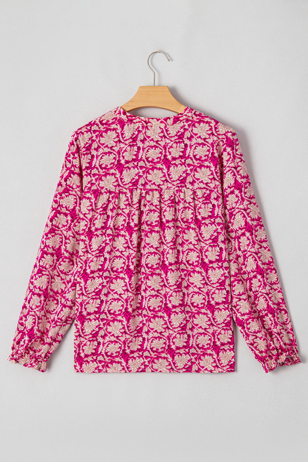 Pink Floral Print Split Neck Pleated Puff Sleeve Blouse