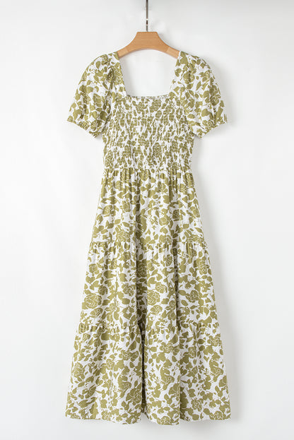 Yellow Boho Floral Square Neck Smocked Bust Puff Sleeve Tiered Long Dress